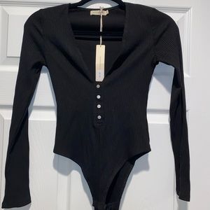 Maker of Dreams Ribbed Deep V Bodysuit Black, Size Medium NWT
